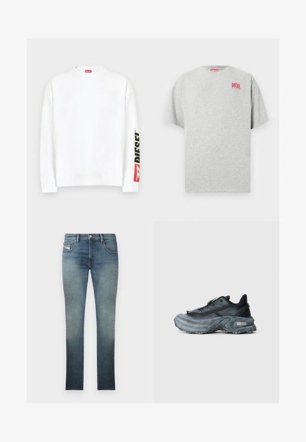 Weißes Sweatshirt mit Rundhalsausschnitt und einem roten und schwarzen "DIESEL"-Logo auf dem linken Ärmel. Hergestellt aus weichem, glattem Stoff.; Graues Baumwoll-T-Shirt mit rundem Ausschnitt und kurzen Ärmeln. Mit einem kleinen roten "DIESEL"-Logo auf der Brust. Glatte Textur.; Slim-Fit Jeans in einer ausgewaschenen blauen Waschung, mit einem Fünf-Taschen-Design, Metallknopfverschluss und Kontrastnähten. Leicht verwaschene Textur.; Schwarz- und graue Diesel-Sneaker mit dicker Sohle, Schnürverschluss und strukturiertem Design auf einem schlichten hellgrauen Hintergrund.