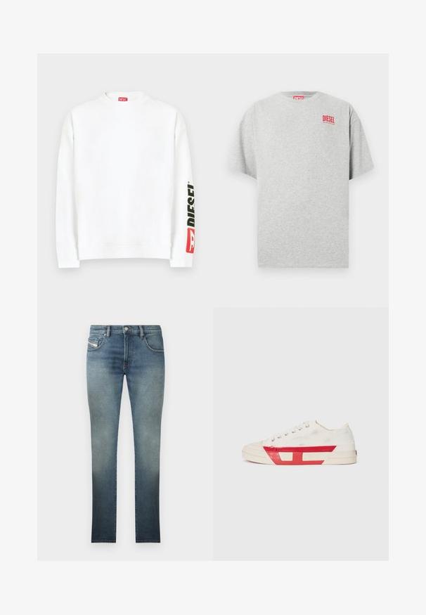 Witte sweat met ronde hals, met een rood-zwart "DIESEL" logo op de linker mouw. Gemaakt van zachte, gladde stof.; Grijs katoenen T-shirt met een ronde hals en korte mouwen. Voorzien van een klein rood "DIESEL" logo op de borst. Soepele textuur.; Slim-fit jeans in een vervaagde blauwe wassing, met een vijf-pocket ontwerp, metalen knoopsluiting en contrasterende stiksels. Licht verouderde textuur.; Canvas sneaker met een witte bovenkant, rode rubberen accenten en een gestructureerd ontwerp. Heeft een ronde neus en vijf oogjes voor de veters.