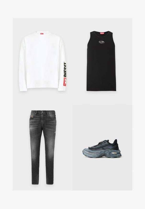 Weißes Sweatshirt mit Rundhalsausschnitt und einem roten und schwarzen "DIESEL"-Logo auf dem linken Ärmel. Hergestellt aus weichem, glattem Stoff.; Schwarzes ärmelloses Tanktop aus Baumwolle. Verfügt über einen runden Halsausschnitt und ein kleines weißes Diesel-Logo auf der Brust. Glatte Textur.; Graue Denim-Jeans mit schlankem Schnitt, die über leicht abgewetzte Bereiche, distressed Details und einen traditionellen Knopfverschluss verfügen.; Schwarz- und graue Diesel-Sneaker mit dicker Sohle, Schnürverschluss und strukturiertem Design auf einem schlichten hellgrauen Hintergrund.