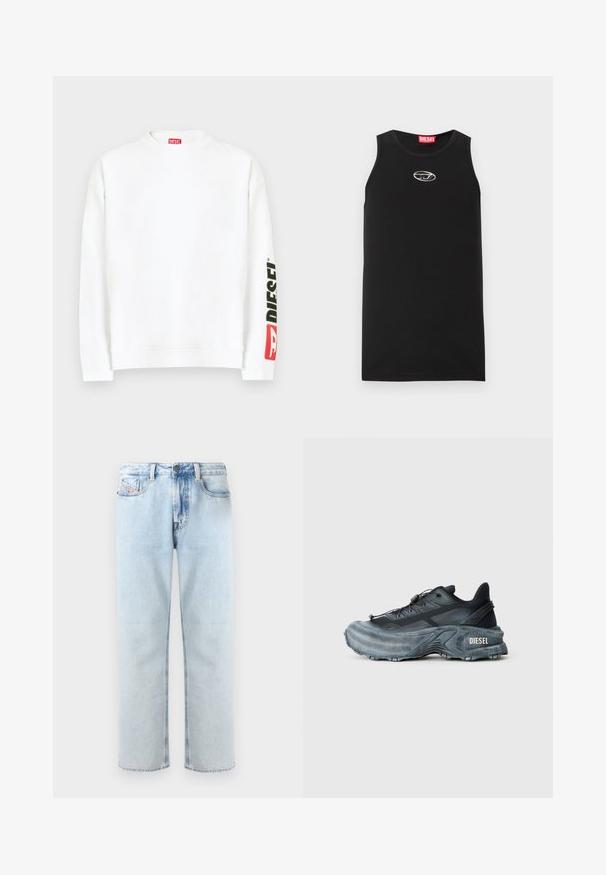 Hvid sweatshirt med rund halsudskæring, med en rød og sort "DIESEL"-logo på venstre ærme. Fremstillet af blødt, glat stof.; Sort ærmeløs tanktop lavet af bomuld. Har en rund halsudskæring og en lille hvid Diesel-logo på brystet. Glat tekstur.; Lysblå denimjeans med lige ben, fem-lomme design og let falmede områder. Har en knaplukning og løkke til et bælte.; Sort og grå Diesel sneakers med tyk sål, snørrebåndslukning og tekstureret design på en ensfarvet lysegrå baggrund.