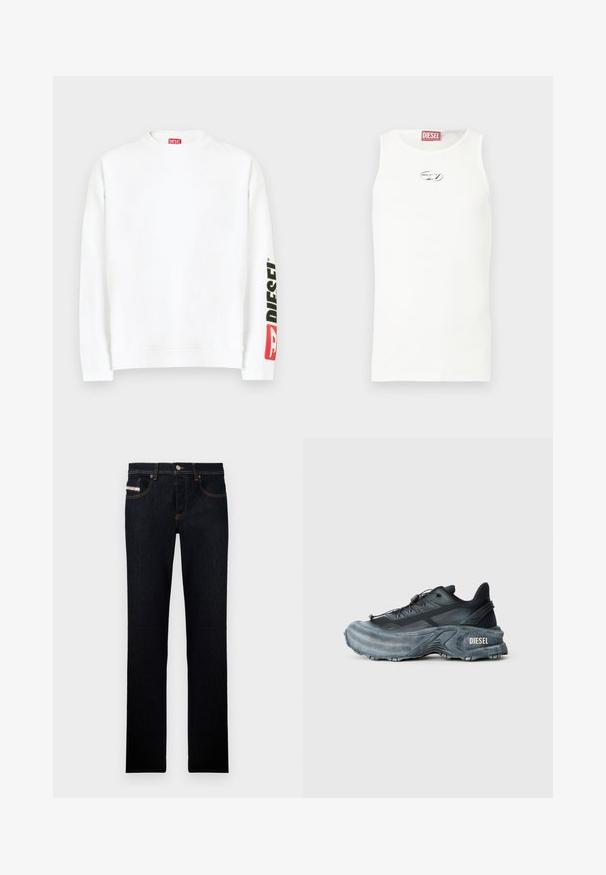 Weißes Sweatshirt mit Rundhalsausschnitt und einem roten und schwarzen "DIESEL"-Logo auf dem linken Ärmel. Hergestellt aus weichem, glattem Stoff.; Weißes ärmelloses Tanktop aus glattem Stoff, mit kleinem silbernem Logo auf der Brust und einem roten Etikett am Halsausschnitt.; Dunkelblaue Jeans aus Denim mit geradem Bein, mit orangefarbener Naht und einem Label auf der Vordertasche. Mit Metallknopfverschluss.; Schwarz- und graue Diesel-Sneaker mit dicker Sohle, Schnürverschluss und strukturiertem Design auf einem schlichten hellgrauen Hintergrund.