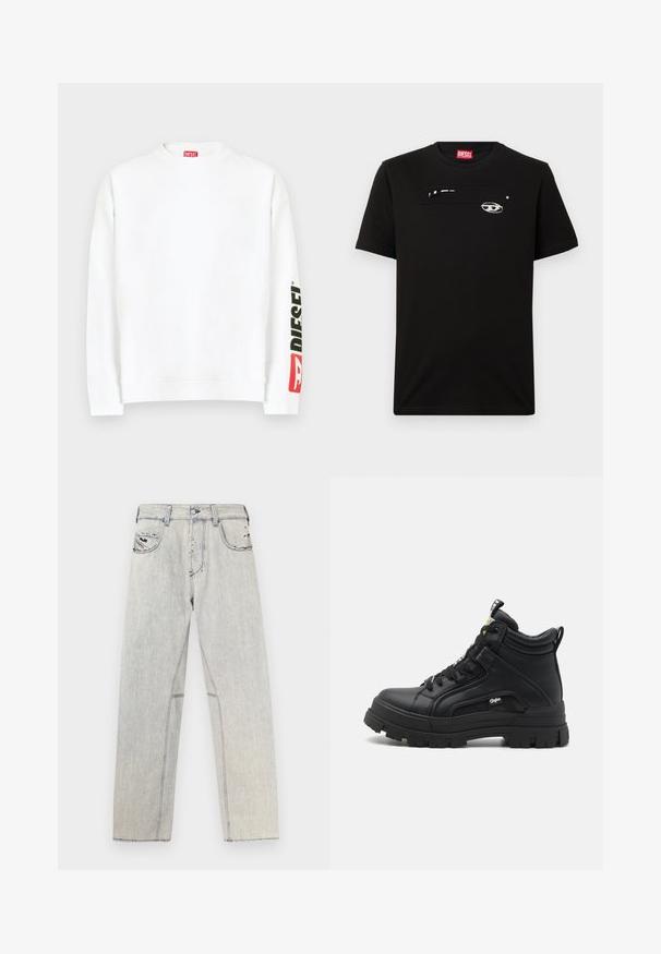 Weißes Sweatshirt mit Rundhalsausschnitt und einem roten und schwarzen "DIESEL"-Logo auf dem linken Ärmel. Hergestellt aus weichem, glattem Stoff.; Schwarzes T-Shirt mit kurzen Ärmeln aus Baumwolle, mit einem rechteckigen Taschen-Design, weißem grafischem Detail und einem runden Halsausschnitt.; Hellblaue Jeans aus Denim mit geradem Schnitt, kontrastierenden Nähten, zwei Vordertaschen und abgenutzten Details im Stoff.; Schwarze hoch geschnittene Schuhe aus strukturiertem Leder, mit einer dicken Gummisohle, Schnürung vorne und einem kleinen Logodetail an der Seite.