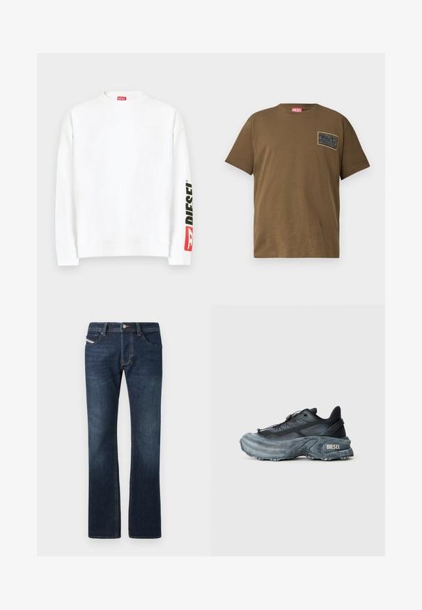 Sudadera blanca con cuello redondo, con un logo "DIESEL" en rojo y negro en la manga izquierda. Confeccionada con una tela suave y lisa.; Camiseta de algodón marrón con cuello redondo, que presenta un parche gráfico negro en el lado izquierdo del pecho. Mangas cortas y dobladillo recto.; Jeans de mezclilla azul oscuro con corte recto, cinco bolsillos y detalles de costura sutiles. Cuenta con cierre de botón metálico y cremallera.; Zapatilla Diesel en negro y gris con suela gruesa, cierre de cordón y diseño texturizado sobre un fondo liso de color gris claro.