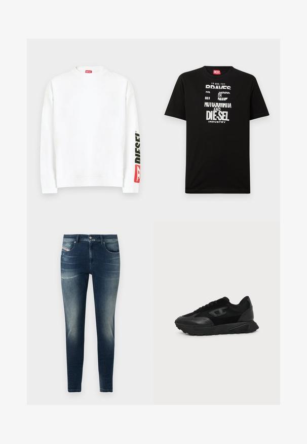 Weißes Sweatshirt mit Rundhalsausschnitt und einem roten und schwarzen "DIESEL"-Logo auf dem linken Ärmel. Hergestellt aus weichem, glattem Stoff.; Schwarzes Baumwoll-T-Shirt mit kräftigen weißen Textgrafiken, darunter "DIESEL" und "INDUSTRY", mit rundem Halsausschnitt und kurzen Ärmeln.; Dunkelblaue Denim-Jeans mit Slim-Fit, ausgestattet mit einem ausgewaschenen Look, leichten Abschürfungen und klassischem Fünf-Taschen-Design.; Schwarzer Low-Top-Sneaker mit strukturierter Sohle, Mesh- und Lederoberseite, Schnürung vorne und kleinem eingeprägtem Logo auf dem Seitenpanel.