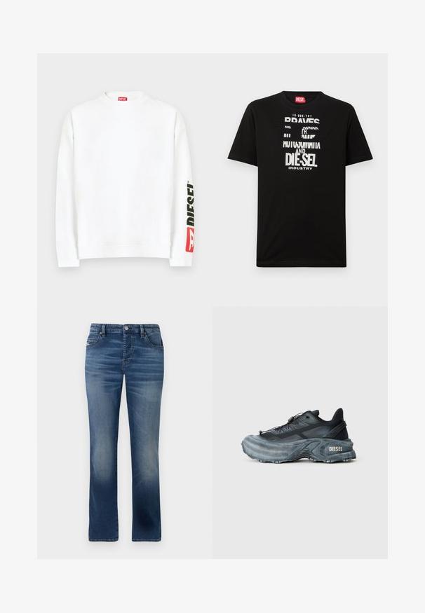 Hvid sweatshirt med rund halsudskæring, med en rød og sort "DIESEL"-logo på venstre ærme. Fremstillet af blødt, glat stof.; Sort bomulds-T-shirt med fed hvide tekstgrafik, herunder "DIESEL" og "INDUSTRY", med rund halsudskæring og korte ærmer.; Mørkeblå denimbukser med lige ben-design, der har frontlommer, diskret falming og en klassisk knaplukning i taljen.; Sort og grå Diesel sneakers med tyk sål, snørrebåndslukning og tekstureret design på en ensfarvet lysegrå baggrund.