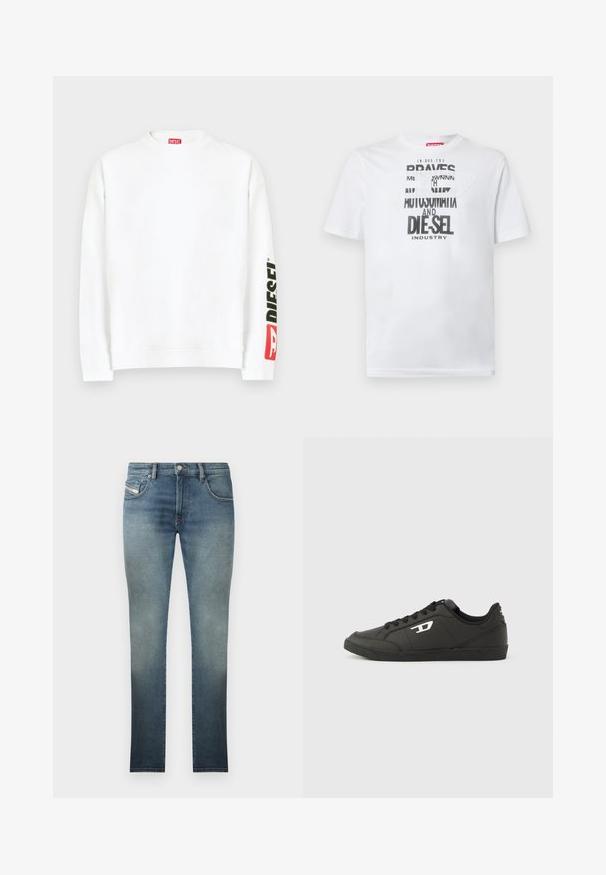 Sudadera blanca con cuello redondo, con un logo "DIESEL" en rojo y negro en la manga izquierda. Confeccionada con una tela suave y lisa.; Camiseta blanca de algodón con tipografía negra audaz que muestra las palabras "BRAVES" y "DIE-SEL INDUSTRY" y un diseño de recorte semitransparente.; Jeans ajustados en un lavado azul desgastado, con un diseño de cinco bolsillos, cierre de botón metálico y costuras en contraste. Textura ligeramente desgastada.; Zapatillas deportivas negras sintéticas con suela negra texturizada, puntera redonda y cordones planos negros. Destaca un logo blanco en el lateral exterior.