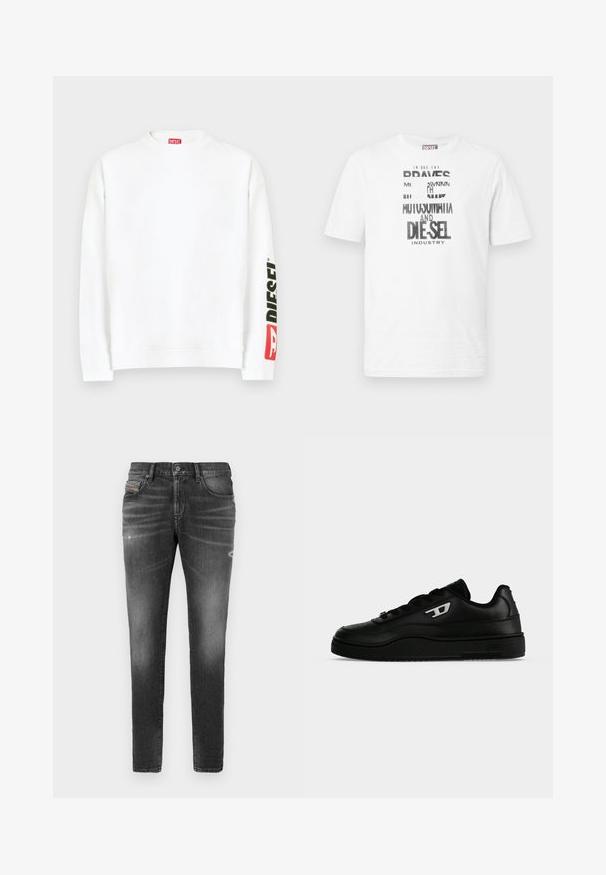 Weißes Sweatshirt mit Rundhalsausschnitt und einem roten und schwarzen "DIESEL"-Logo auf dem linken Ärmel. Hergestellt aus weichem, glattem Stoff.; Weißes Diesel T-Shirt mit kurzen Ärmeln, schwarzem und weißem grafischem Text und Logo auf der Vorderseite, rundem Ausschnitt und rotem Logoschild an der Seitennaht.; Graue Denim-Jeans mit schlankem Schnitt, die über leicht abgewetzte Bereiche, distressed Details und einen traditionellen Knopfverschluss verfügen.; Schwarzer niedriger Sneaker mit dicker Sohle, Schnürung vorne und kleinem weißen "D" Logo an der Seite, gezeigt vor einfachem weißen Hintergrund.
