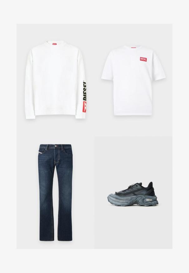 Weißes Sweatshirt mit Rundhalsausschnitt und einem roten und schwarzen "DIESEL"-Logo auf dem linken Ärmel. Hergestellt aus weichem, glattem Stoff.; Weißes Baumwoll-T-Shirt mit kurzen Ärmeln und einem roten, rechteckigen DIESEL-Logo auf der oberen linken Brustseite. Einfaches Rundhalsausschnitt-Design.; Dunkelblaue Denim-Jeans mit geradem Bein, fünf Taschen und dezenten Nähten. Mit Metallknopf und Reißverschluss.; Schwarz- und graue Diesel-Sneaker mit dicker Sohle, Schnürverschluss und strukturiertem Design auf einem schlichten hellgrauen Hintergrund.