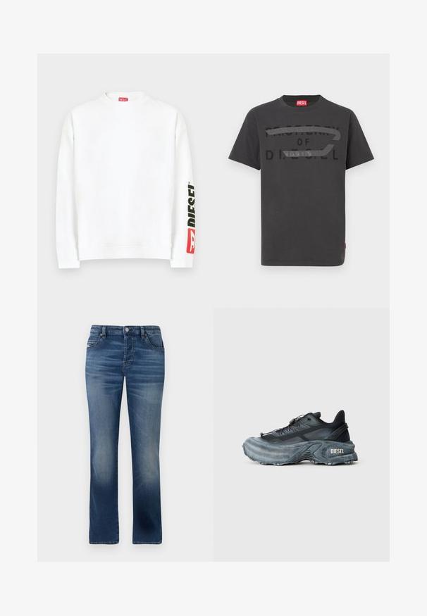 Weißes Sweatshirt mit Rundhalsausschnitt und einem roten und schwarzen "DIESEL"-Logo auf dem linken Ärmel. Hergestellt aus weichem, glattem Stoff.; Graues Baumwoll-T-Shirt mit fettem schwarzem Text "PROPERTY OF D.I.E.S.E.L.", glatter Textur und kurzen Ärmeln.; Dunkelblaue Jeans aus Denim mit geradem Bein, ausgestattet mit Fronttaschen, dezentem Verblassen und einem klassischen Knopfverschluss an der Taille.; Schwarz- und graue Diesel-Sneaker mit dicker Sohle, Schnürverschluss und strukturiertem Design auf einem schlichten hellgrauen Hintergrund.