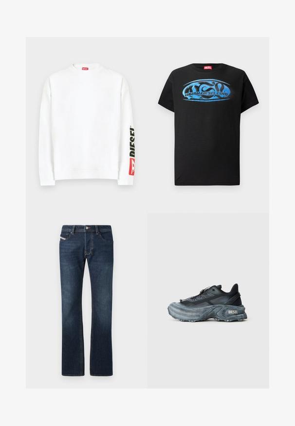 Sudadera blanca con cuello redondo, con un logo "DIESEL" en rojo y negro en la manga izquierda. Confeccionada con una tela suave y lisa.; Camiseta de manga corta negra de algodón, con un diseño gráfico azul que incluye el texto "www.diesel.com" en el frente.; Jeans de mezclilla azul oscuro con corte recto, cinco bolsillos y detalles de costura sutiles. Cuenta con cierre de botón metálico y cremallera.; Zapatilla Diesel en negro y gris con suela gruesa, cierre de cordón y diseño texturizado sobre un fondo liso de color gris claro.