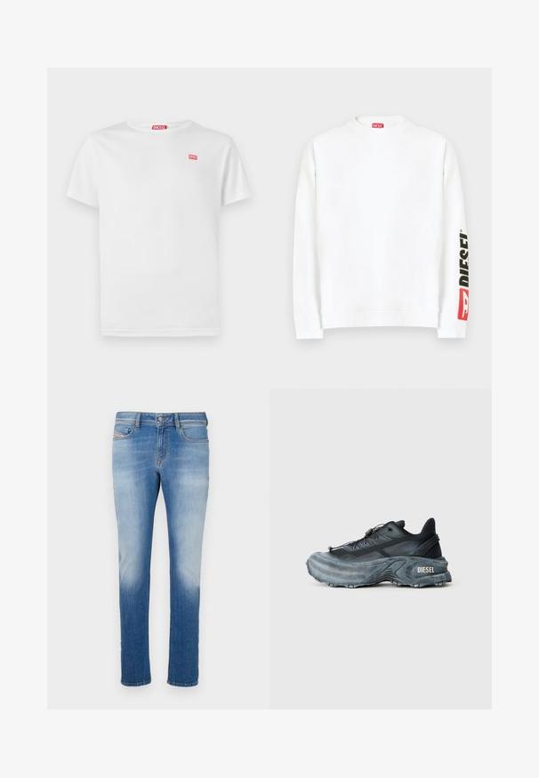 Sudadera blanca con cuello redondo, con un logo "DIESEL" en rojo y negro en la manga izquierda. Confeccionada con una tela suave y lisa.; Camiseta blanca de algodón con mangas cortas y escote en V. Presenta un pequeño logo rojo de Diesel en el lado izquierdo del pecho. Textura suave, ajuste estándar.; Vaqueros de mezclilla azul con un diseño tapered, con un lavado claro y desgastado, estilo clásico de cinco bolsillos y un cierre de botón en la cintura.; Zapatilla Diesel en negro y gris con suela gruesa, cierre de cordón y diseño texturizado sobre un fondo liso de color gris claro.