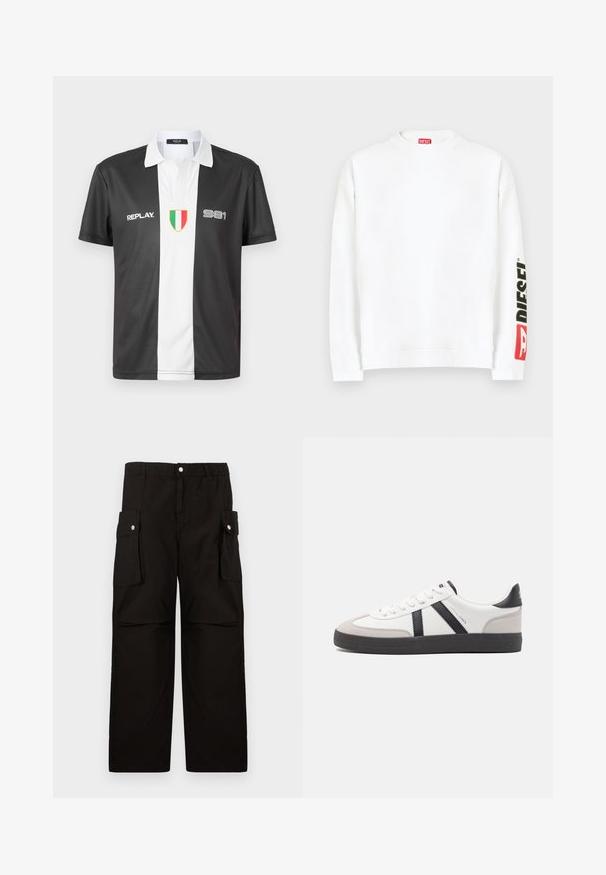 Sudadera blanca con cuello redondo, con un logo "DIESEL" en rojo y negro en la manga izquierda. Confeccionada con una tela suave y lisa.; Polo de manga corta en blanco y negro con cuello, que presenta el logo "REPLAY", el número "981" y un emblema de la bandera italiana en la parte frontal.; Pantalones cargo negros de tela suave, con una cinturilla elástica, bolsillos laterales con solapas y un diseño holgado de pierna recta.; Zapatilla blanca con acentos en negro y gris, que presenta una puntera texturizada en gris, suela de goma negra y cordones planos blancos. Diseño limpio, estilo minimalista.