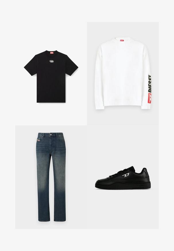 Weißes Sweatshirt mit Rundhalsausschnitt und einem roten und schwarzen "DIESEL"-Logo auf dem linken Ärmel. Hergestellt aus weichem, glattem Stoff.; Schwarzes Baumwoll-T-Shirt mit Rundhalsausschnitt und kurzen Ärmeln. Enthält ein kleines, silbernes Logo, das in der Mitte vorne gestickt ist.; Blaue Jeans mit geradem Bein, verwaschenem Look, Vorderseite mit Knopf- und Reißverschluss sowie Fünf-Taschen-Design.; Schwarzer niedriger Sneaker mit dicker Sohle, Schnürung vorne und kleinem weißen "D" Logo an der Seite, gezeigt vor einfachem weißen Hintergrund.