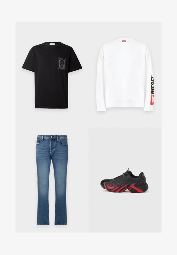 Witte sweat met ronde hals, met een rood-zwart "DIESEL" logo op de linker mouw. Gemaakt van zachte, gladde stof.; Zwarte katoenen t-shirt met korte mouwen, voorzien van een grafische print op de linkerborst en een kleine rode accent nabij de halslijn.; Blauwe denim jeans met een rechte pijp, ontwerp met vijf zakken en een vervaagde afwerking. Voorzien van een tailleband met lusjes voor een riem en een metalen knoopsluiting.; Zwart-rode sportieve schoen met een textuur bovenwerk met patroondetails, veter sluiting en een dikke rubberen zool.