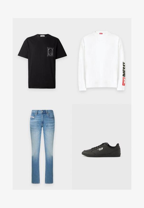 Witte sweat met ronde hals, met een rood-zwart "DIESEL" logo op de linker mouw. Gemaakt van zachte, gladde stof.; Zwarte katoenen t-shirt met korte mouwen, voorzien van een grafische print op de linkerborst en een kleine rode accent nabij de halslijn.; Lichtblauwe denim jeans met een aansluitend ontwerp, voorzien van een rechte pijp en subtiele vervaging richting de onderkant. Klassieke vijfzakkenstijl.; Zwarte sneakers van synthetisch materiaal met een geribbelde zwarte zool, ronde neus en vlakke zwarte veters. Opvallend wit logomerk aan de buitenzijde.