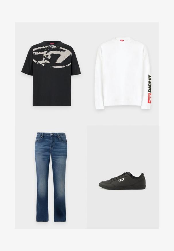 Hvid sweatshirt med rund halsudskæring, med en rød og sort "DIESEL"-logo på venstre ærme. Fremstillet af blødt, glat stof.; Sort t-shirt med et stort, abstrakt lys grå grafik foran. Korte ærmer og en klassisk rund halsudskæring. Materialet er bomuld.; Mørkeblå denimbukser med lige ben-design, der har frontlommer, diskret falming og en klassisk knaplukning i taljen.; Sorte syntetiske sneakers med en struktureret sort sål, rund tå og flade sorte snørebånd. Fremtrædende hvidt logo på ydersiden.