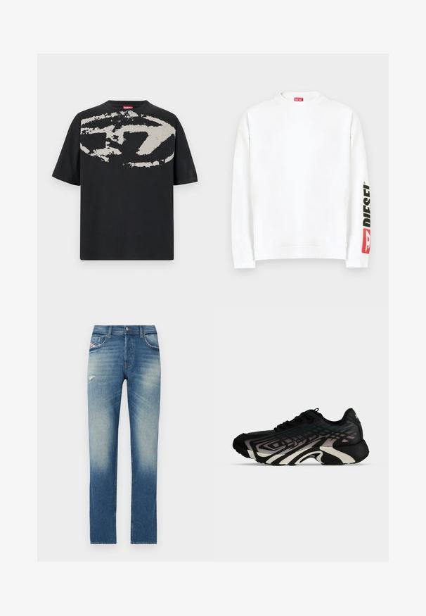 Sudadera blanca con cuello redondo, con un logo "DIESEL" en rojo y negro en la manga izquierda. Confeccionada con una tela suave y lisa.; Camiseta negra con un gran gráfico abstracto en gris claro en la parte frontal. Mangas cortas y un cuello redondeado clásico. Material de algodón.; Jeans de denim azul con un diseño de pierna recta, que presentan un ligero desvanecimiento, un pequeño detalle desgastado en la parte frontal y un estilo estándar de cinco bolsillos.; Zapatilla deportiva negra y gris con patrones geométricos en capas y suela gruesa y esculpida mostrada de lado sobre un fondo blanco.
