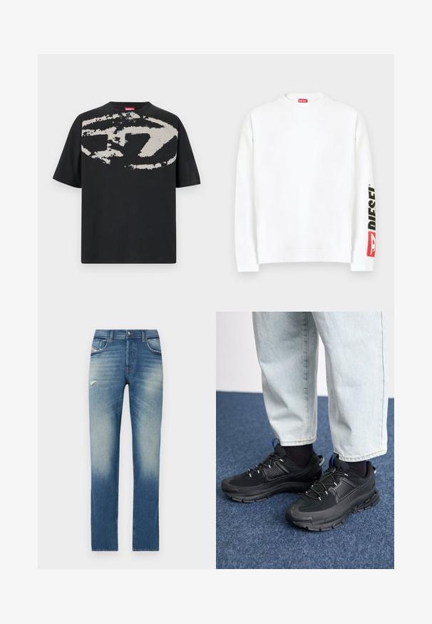 Sweat-shirt blanc à col rond, avec un logo "DIESEL" rouge et noir sur la manche gauche. Confectionné en tissu doux et lisse.; T-shirt noir avec un grand motif abstrait gris clair sur le devant. Manches courtes et encolure ronde classique. Matière en coton.; Jeans en denim bleu avec un design à jambe droite, présentant un léger délavage, un petit détail usé à l'avant et un style classique à cinq poches.; Des chaussures de sport noires avec un tissu texturé et des semelles en caoutchouc, dotées de lacets élastiques et d'un accent bleu au talon. Portées avec un pantalon en denim clair.