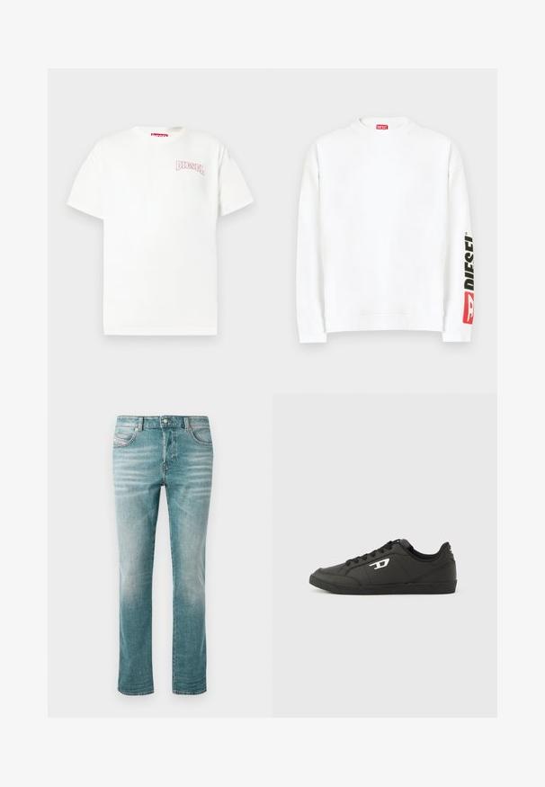 Sweat-shirt blanc à col rond, avec un logo "DIESEL" rouge et noir sur la manche gauche. Confectionné en tissu doux et lisse.; T-shirt en coton blanc à manches courtes, arborant un logo "DIESEL" rose brodé sur le côté gauche de la poitrine et un col rond classique.; Jeans en denim bleu clair avec une coupe droite, cinq poches, un léger délavage, et une fermeture à bouton classique à la taille.; Baskets synthétiques noires avec une semelle noire texturée, un bout rond et des lacets plats noirs. Logo blanc remarquablement placé sur le côté extérieur.