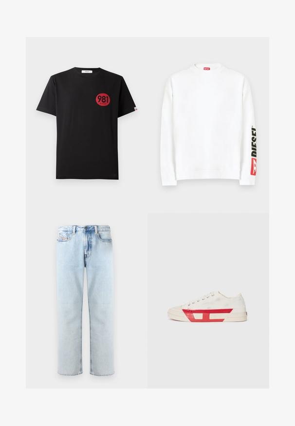 Hvid sweatshirt med rund halsudskæring, med en rød og sort "DIESEL"-logo på venstre ærme. Fremstillet af blødt, glat stof.; Sort bomulds T-shirt med korte ærmer, der har et rødt cirkulært print, som inkluderer tallene "981" og ordet "REPLAY."; Lysblå denimjeans med lige ben, fem-lomme design og let falmede områder. Har en knaplukning og løkke til et bælte.; Lærreds sneakers med en hvid overdel, røde gummidetaljer og et tekstureret design. Har en rund tå og fem huller til snørebånd.