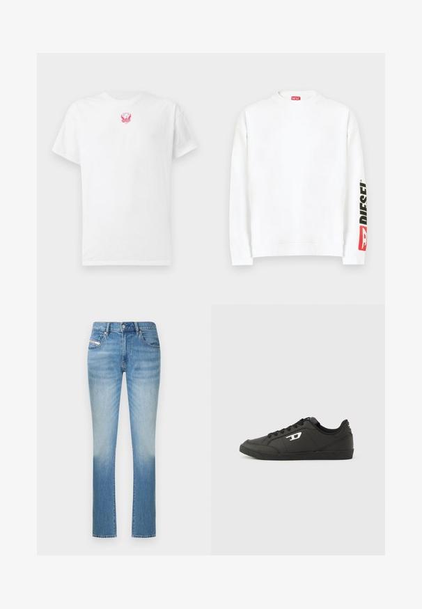 Weißes Sweatshirt mit Rundhalsausschnitt und einem roten und schwarzen "DIESEL"-Logo auf dem linken Ärmel. Hergestellt aus weichem, glattem Stoff.; Weißes Baumwoll-T-Shirt mit kurzen Ärmeln, Rundhalsausschnitt und einem kleinen, rosafarbenen, gestickten Adlerdesign auf der Brust. Weicher Stoff.; Hellblaue Jeans aus Denim mit figurbetontem Schnitt, geradem Bein und dezentem Farbverlauf nach unten. Klassischer Fünf-Taschen-Stil.; Schwarze Sneakers aus synthetischem Material mit einer strukturierten schwarzen Sohle, rundem Zehenbereich und flachen schwarzen Schnürsenkeln. Auffälliges weißes Logo auf der Außenseite.