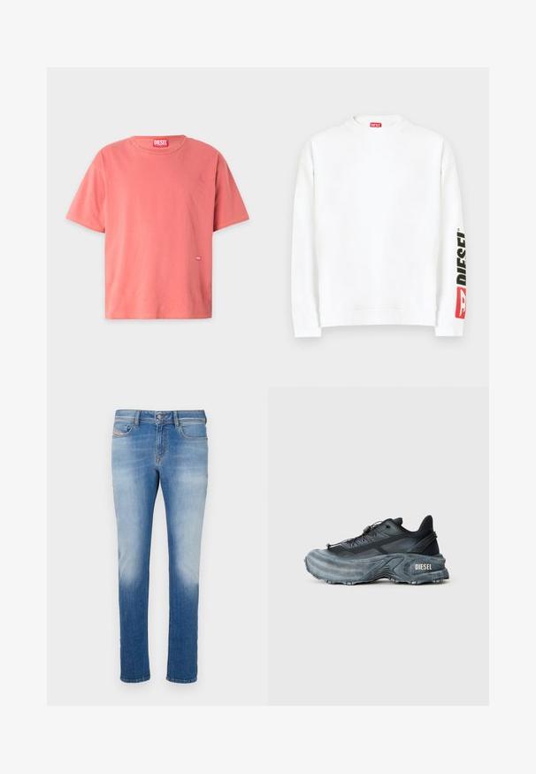 Sudadera blanca con cuello redondo, con un logo "DIESEL" en rojo y negro en la manga izquierda. Confeccionada con una tela suave y lisa.; Camiseta de algodón de manga corta en color coral, con cuello redondo, costuras en amarillo que contrastan y un pequeño logo rojo de Diesel en el frente.; Vaqueros de mezclilla azul con un diseño tapered, con un lavado claro y desgastado, estilo clásico de cinco bolsillos y un cierre de botón en la cintura.; Zapatilla Diesel en negro y gris con suela gruesa, cierre de cordón y diseño texturizado sobre un fondo liso de color gris claro.