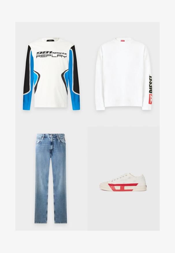 Sudadera blanca con cuello redondo, con un logo "DIESEL" en rojo y negro en la manga izquierda. Confeccionada con una tela suave y lisa.; Camisa deportiva de manga larga con el frente blanco, paneles de mangas en negro y azul, y el logotipo "981 sports REPLAY" impreso en el pecho.; Jeans de mezclilla de corte recto en azul claro, con bolsillos, remaches de cobre y un cierre de botón. Presentan un diseño desgastado y un dobladillo limpio.; Zapatilla de lona con parte superior blanca, acentos de goma roja y un diseño texturizado. Presenta una puntera redonda y cinco ojetes para los cordones.