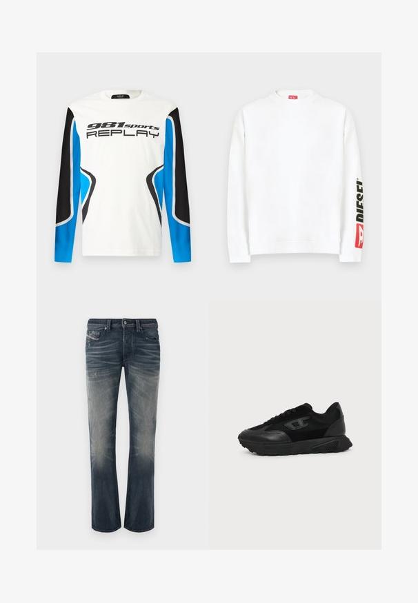 Witte sweat met ronde hals, met een rood-zwart "DIESEL" logo op de linker mouw. Gemaakt van zachte, gladde stof.; Langermige sportshirt met een witte voorkant, zwart en blauwe mouwen en het logo "981 sports REPLAY" gedrukt op de borst.; Lichtgewassen, recht gesneden jeans van donkerblauwe denim met vervaagde delen, subtiele slijtage en distressed details. Knopenluiting met vijf zakken.; Zwarte lage sneaker met een gestructureerde zool, mesh en leren bovenwerk, veters aan de voorkant en een klein reliëflogo op het zijpaneel.