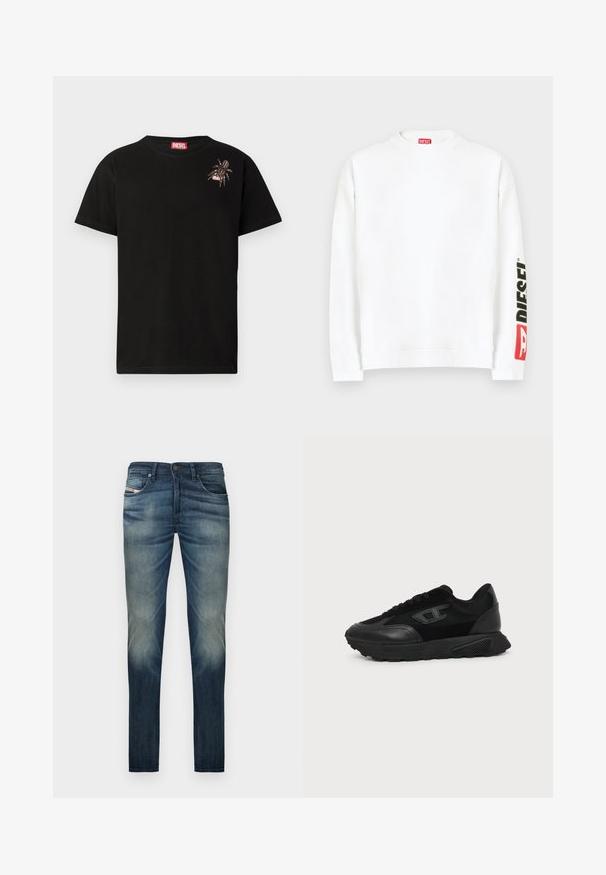 Sweat-shirt blanc à col rond, avec un logo "DIESEL" rouge et noir sur la manche gauche. Confectionné en tissu doux et lisse.; T-shirt en coton noir à manches courtes, présentant un motif de spider décoratif sur le côté gauche de la poitrine et une étiquette rouge du logo Diesel au niveau du col.; Jean denim bleu foncé à coupe droite, avec un effet délavé sur les jambes, cinq poches et une fermeture à bouton à la taille.; Baskets basses noires avec semelle texturée, dessus en mesh et cuir, fermeture à lacets devant, et petit logo embossé sur le panneau latéral.