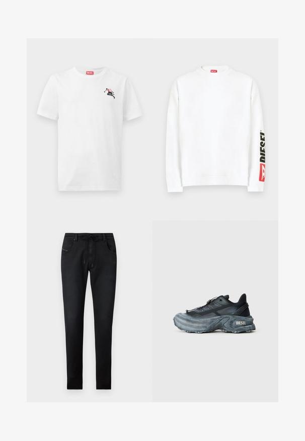 Weißes Sweatshirt mit Rundhalsausschnitt und einem roten und schwarzen "DIESEL"-Logo auf dem linken Ärmel. Hergestellt aus weichem, glattem Stoff.; Weißes Baumwoll-T-Shirt mit einer kleinen schwarz-roten Grafik auf der linken Brust und einem roten Logolabel im Nacken. Kurze Ärmel, Rundhalsausschnitt.; Schwarze Jeanshosen mit schlanker Passform, mit einem Kordelzugbund, zwei Fronttaschen und subtilen Stickdetails. Glatte Textur.; Schwarz- und graue Diesel-Sneaker mit dicker Sohle, Schnürverschluss und strukturiertem Design auf einem schlichten hellgrauen Hintergrund.