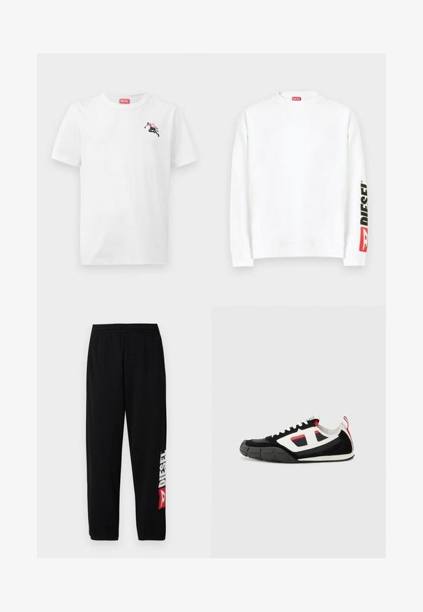 Hvid sweatshirt med rund halsudskæring, med en rød og sort "DIESEL"-logo på venstre ærme. Fremstillet af blødt, glat stof.; Hvid bomulds-T-shirt med en lille sort og rød grafik på venstre bryst og et rødt logomærke ved halsudskæringen. Korte ærmer, rund hals.; Sorte joggingbukser med elastisk taljebånd, med en stor hvid "DIESEL"-logo og rød detalje på venstre ben. Blødt, glat stof.; Diesel S PAGODHA LOW - Sneakers - black