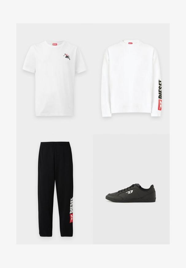 Witte sweat met ronde hals, met een rood-zwart "DIESEL" logo op de linker mouw. Gemaakt van zachte, gladde stof.; Wit katoenen T-shirt met een kleine zwart-rode afbeelding op de linkerborst en een rood logolabel bij de halslijn. Korte mouwen, ronde hals.; Zwarte sweatpants met elastische tailleband, met een groot wit "DIESEL"-logo en een rood accent op het linkerbeen. Zachte, gladde stof.; Zwarte sneakers van synthetisch materiaal met een geribbelde zwarte zool, ronde neus en vlakke zwarte veters. Opvallend wit logomerk aan de buitenzijde.