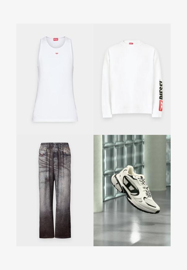 Weißes Sweatshirt mit Rundhalsausschnitt und einem roten und schwarzen "DIESEL"-Logo auf dem linken Ärmel. Hergestellt aus weichem, glattem Stoff.; Weißes ärmelloses Tanktop aus glattem Stoff. Verfügt über einen runden Ausschnitt und ein kleines rotes "D"-Logo in der Mitte.; Jeans mit einem verblassten Blau-zu-Grau-Gradient, elastischem Bund und seitlichen Taschen. Sie besitzen eine strukturierte Oberfläche mit subtilem Nähen.; Weißer und schwarzer Sportschuh mit Mesh-Details und gemusterten Schnürsenkeln, schwebt mitten in der Luft in einem modernen Innenraum mit Glasbausteinen.