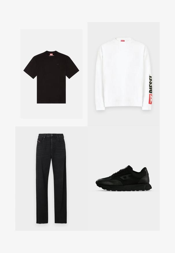 Sudadera blanca con cuello redondo, con un logo "DIESEL" en rojo y negro en la manga izquierda. Confeccionada con una tela suave y lisa.; Camiseta de algodón negra con mangas cortas, cuello redondo y un pequeño logotipo en relieve en el pecho. Etiqueta de marca roja en el cuello.; Jeans de mezclilla negra con un diseño de corte recto, bolsillos delanteros y un detalle de pestaña roja en el bolsillo izquierdo. La tela tiene una ligera textura.; Zapatilla negra de corte bajo con piel texturizada y paneles de tela, cierre de cordones y suela gruesa de goma sobre un fondo claro y liso.