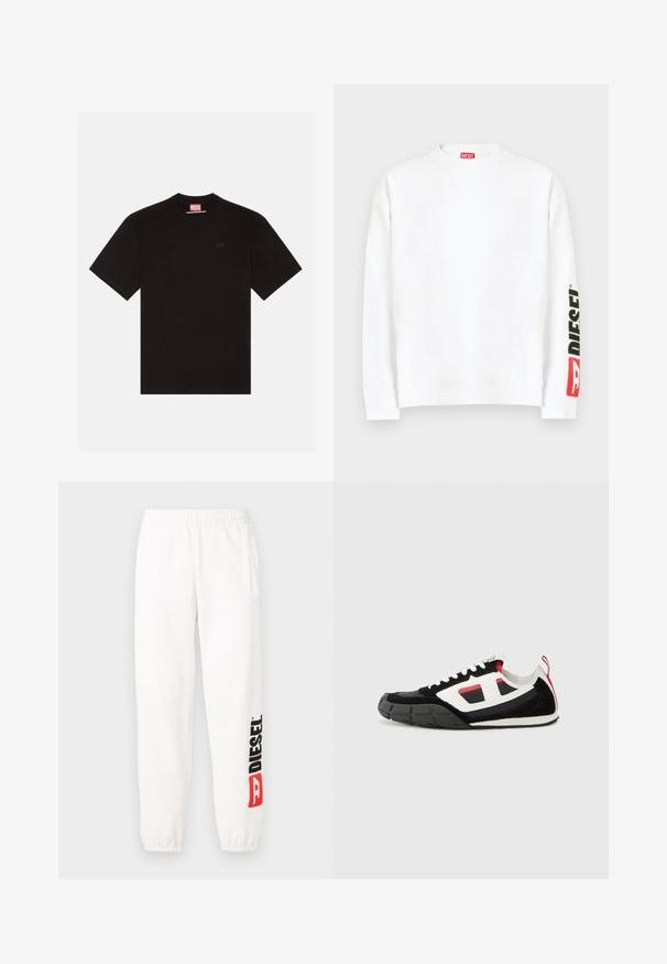 Sudadera blanca con cuello redondo, con un logo "DIESEL" en rojo y negro en la manga izquierda. Confeccionada con una tela suave y lisa.; Camiseta de algodón negra con mangas cortas, cuello redondo y un pequeño logotipo en relieve en el pecho. Etiqueta de marca roja en el cuello.; Pantalones deportivos blancos de algodón con cintura elástica. La pierna izquierda presenta un logo "DIESEL" en negro y rojo. Puños en los tobillos. Textura suave.; Diesel S PAGODHA LOW - Zapatillas - black