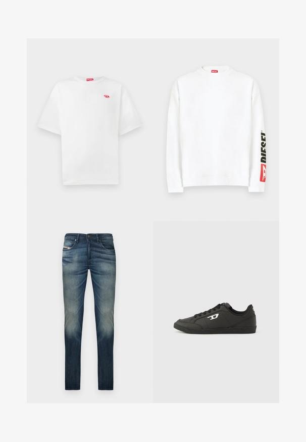 Sudadera blanca con cuello redondo, con un logo "DIESEL" en rojo y negro en la manga izquierda. Confeccionada con una tela suave y lisa.; Camiseta de algodón blanca con mangas cortas, cuello redondo y etiqueta del logo "DIESEL" en rojo. Presenta un pequeño emblema rojo en el lado izquierdo del pecho.; Vaqueros de mezclilla azul oscuro con un corte recto, que presentan un diseño desteñido en las piernas, cinco bolsillos y un cierre de botón en la cintura.; Zapatillas deportivas negras sintéticas con suela negra texturizada, puntera redonda y cordones planos negros. Destaca un logo blanco en el lateral exterior.
