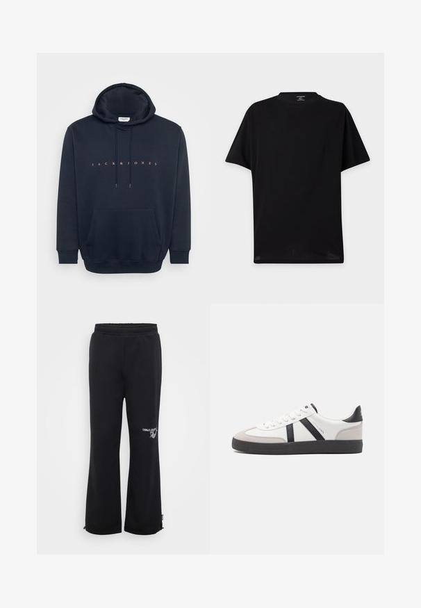 Tumedat sinine kapuutsiga sviiter, mis on valmistatud pehmest kangast, millel on känguru tasku ja nööriga kapuuts. Rinna kohal on oranž tekst "JACK & JONES".; Lihtne must lühikeste varrukatega ümmarguse kaelusega T-särk ilma nähtavate logode või mustriteta heleda tausta ees.; Mustad mustad teksad, mis on lõdva istuvusega ja valmistatud pehmest kangast. Omab elastset vööd ja küljetaskuid, ühel jalal on logo.; Valged tossud mustade ja hallide aktsentidega, tekstureeritud halli varbakattega, musta kummitald ja lamedad valged paelad. Puhtad jooned, minimalistlik stiil.