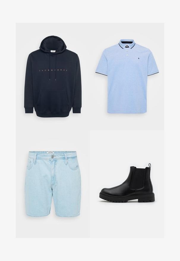 Μπλε ναυτικό hoodie φτιαγμένο από μαλακό ύφασμα, διαθέτοντας καγκουρό τσέπη και κουκούλα με κορδόνι. Κείμενο "JACK & JONES" σε πορτοκαλί χρώμα στο στήθος.; Σαχάρη μπλε πόλο πουκάμισο με πλαίσιο δύο κουμπιών, αντίθετο σκούρο γιακά και λωρίδες στο στρίφωμα. Μαλακό βαμβακερό ύφασμα με υφή.; Ανοιχτό μπλε τζιν σορτς με χαλαρή εφαρμογή, διαθέτοντας πέντε τσέπες, κλείσιμο με κουμπί και διακριτική ξεθωριασμένη υφή.; Zign by Zalando LEATHER - Κλασικές μπότες αστραγάλου - black