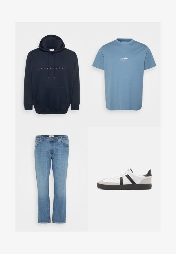 Marineblå hættejakke lavet af blødt stof, med en kengurupocket og hætte med snoretræk. Teksten "JACK & JONES" i orange tværs over brystet.; Lyseblå T-shirt med korte ærmer med hvid tekstlogo "JJ Studios" centreret på brystet, rund halsudskæring og enkelt bomuldstof.; Blå straight-leg denim jeans med knap- og lynlås, for- og baglommer samt synlig syning på hvid baggrund.; Hvide sneakers med sorte og grå detaljer, med en tekstureret grå tåhætte, sort gummisål og flade hvide snørebånd. Rent design, minimalistisk stil.