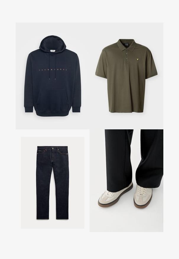 Μπλε ναυτικό hoodie φτιαγμένο από μαλακό ύφασμα, διαθέτοντας καγκουρό τσέπη και κουκούλα με κορδόνι. Κείμενο "JACK & JONES" σε πορτοκαλί χρώμα στο στήθος.; Πολο πουκάμισο κοντομάνικο σε ελιά πράσινο χρώμα με τρία κουμπιά και μικρό κίτρινο λογότυπο πουλιού κεντημένο στο αριστερό στήθος.; Σκούρο τζιν denim με ίσια κοπή, πέντε τσέπες, πορτοκαλί ραφές και κλείσιμο με κουμπιά. Το ύφασμα έχει λεία υφή.; Πόδια που φορούν μπεζ αθλητικά παπούτσια με καφέ σόλες και μαύρο φαρδύ παντελόνι σε λευκό φόντο.