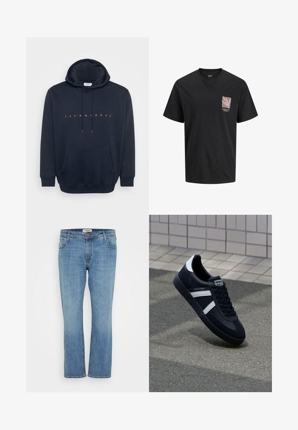 Marineblå hættejakke lavet af blødt stof, med en kengurupocket og hætte med snoretræk. Teksten "JACK & JONES" i orange tværs over brystet.; Sort T-shirt med korte ærmer med et pink firkant- og bladdesign på venstre bryst, med teksten "JACK&JONES Worldwide."; Blå straight-leg denim jeans med knap- og lynlås, for- og baglommer samt synlig syning på hvid baggrund.; Sort lædersneaker med hvide striber, tekstureret gummisål og snørrebånd foran. Har et brandet mærke på tungen.