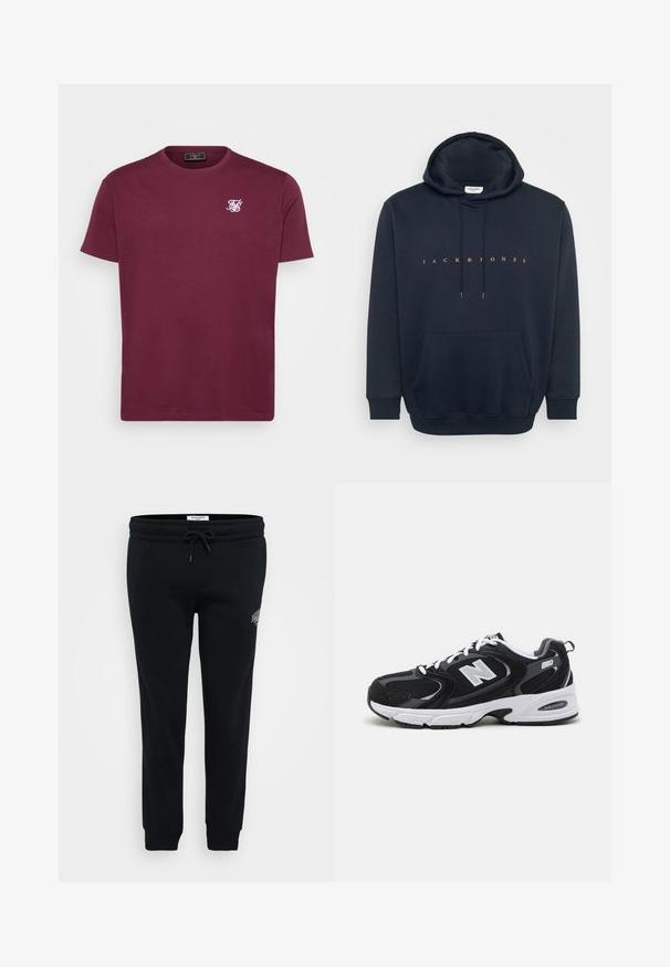 Tumedat sinine kapuutsiga sviiter, mis on valmistatud pehmest kangast, millel on känguru tasku ja nööriga kapuuts. Rinna kohal on oranž tekst "JACK & JONES".; Bordeaux puuvillane T-särk, millel on ringkaelus, lühikesed varrukad ja väike valge logo vasakul rinnal. Sile tekstuur ja klassikaline fitt.; Mustad mustad püksid pehmest kangast, millel on elastne vöökoht, nöör, küljetaskud ja väike logo detail puusa peal.; Must värvi ja hallid spordijalatsid, mille ülemine osa on valmistatud võrgust ja nahast, valge vaheosaga, paeltega ja küljel julge "N" logo.