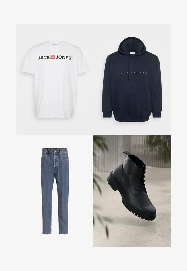 Marineblaue Kapuzenjacke aus weichem Stoff, mit einer Kängurutasche und Kapuze mit Kordelzug. Text "JACK & JONES" in Orange auf der Brust.; Weißes Baumwoll-T-Shirt mit dem schwarzen "JACK & JONES" Logo und einem roten rechteckigen Akzent. Kurze Ärmel und Rundhalsausschnitt. Glatte Textur.; Hellblaue Denim-Jeans mit fünf Taschen, geraden Beinen, Knopfverschluss und Gürtelschlaufen, vor einfachem Hintergrund gezeigt.; Schwarze Lederstiefeletten mit runder Zehenform, Schnürdesign und robustem Gummisohle. Glatte Textur mit einer Zuglasche an der Rückseite.