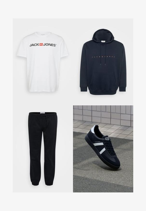 Marineblå hættejakke lavet af blødt stof, med en kengurupocket og hætte med snoretræk. Teksten "JACK & JONES" i orange tværs over brystet.; Hvid bomulds T-shirt med "JACK & JONES" logo i sort med en rød rektangulær accent. Korte ærmer og rund hals. Glat tekstur.; Sorte sweatpants lavet af blødt bomuld med elastisk talje og snor. Har elastiske manchetter og sidelommer for praktisk anvendelse.; Sort lædersneaker med hvide striber, tekstureret gummisål og snørrebånd foran. Har et brandet mærke på tungen.