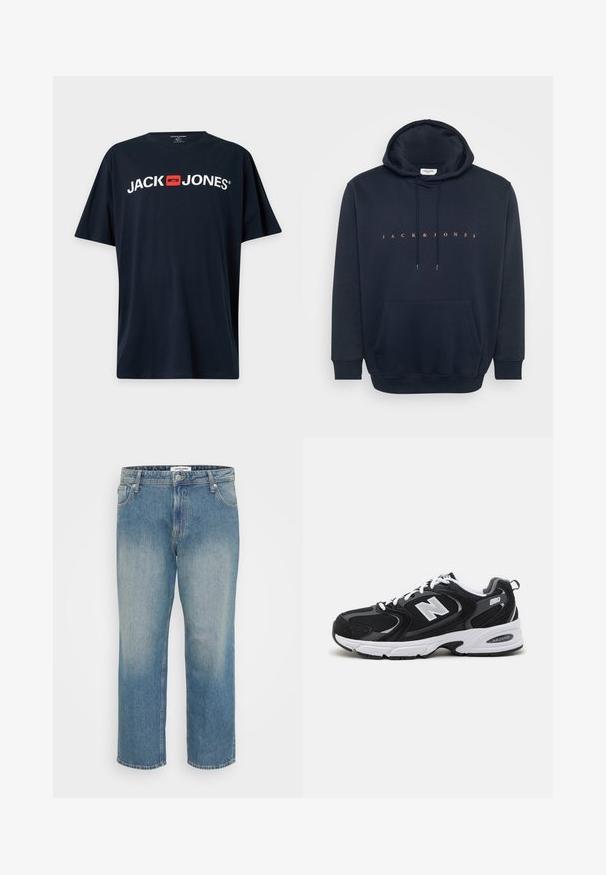 Μπλε ναυτικό hoodie φτιαγμένο από μαλακό ύφασμα, διαθέτοντας καγκουρό τσέπη και κουκούλα με κορδόνι. Κείμενο "JACK & JONES" σε πορτοκαλί χρώμα στο στήθος.; Μαύρο T-shirt με κοντά μανίκια, λευκό κείμενο "JACK JONES" και κόκκινο τετράγωνο λογότυπο στο κέντρο του στήθους.; Τζιν μπλε με ίσια γραμμή, ξεθωριασμένη μπροστινή όψη, σχέδιο με πέντε τσέπες, κούμπωμα με κουμπί και φερμουάρ και θηλιές για ζώνη.; Μαύρα και γκρι αθλητικά παπούτσια με ανώτερο μέρος από δίχτυ και σουέτ, διαθέτοντας λευκή ενδιάμεση σόλα, κορδόνια και έντονο λογότυπο "N" στο πλάι.