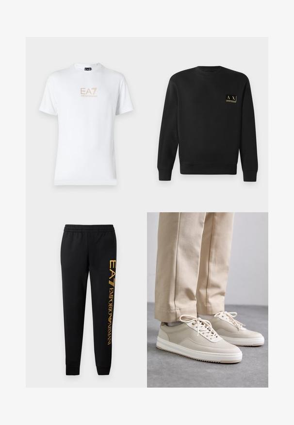 Mustmust pikkade varrukatega crewneck särk mustas värvitoonis, mille vasakul rinnal on väike beež Armani Exchange logo.; Valge puuvillane T-särk, millel on ümmargune kaelus ja lühikesed varrukad, ning mille esiosal on kuldne EA7 Emporio Armani logo.; Mustad mustad püksid elastse vöökoha ja mansettidega. Vasakul jalal on vertikaalne kuldne logoprint. Valmistatud pehmest kangast.; Bežid sneaksid tekstuurse pealispinnaga, valged tallad ja tikandiga detailid, koos bežide pükstega, eksponeeritud hallil pinnal.