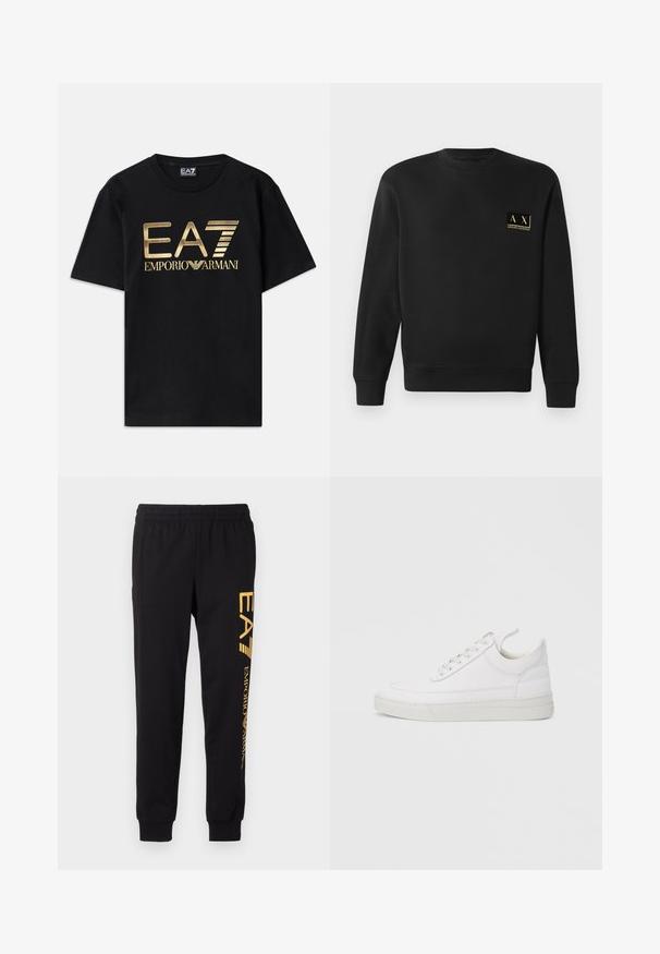 Schwarzer Langarm-Crewneck-Pullover mit kleinem beigen Armani Exchange-Logo auf der linken Brust.; Schwarzes Baumwoll-T-Shirt mit kurzen Ärmeln, auf dessen Vorderseite ein in Gold gedrucktes "EA7 EMPORIO ARMANI" Logo prangt. Schlichtes Design, Rundhalsausschnitt.; Schwarze Sweatpants aus weichem Stoff, mit einem elastischen Bund und Bündchen an den Knöcheln. Gelbe Markenbezeichnung vertikal auf dem linken Bein aufgedruckt.; Weißer Ledersneaker mit abgerundetem Zehenbereich, flacher Sohle und Schnürverschluss. Verfügt über Nahtdetails und einen gepolsterten Kragen für zusätzlichen Komfort.