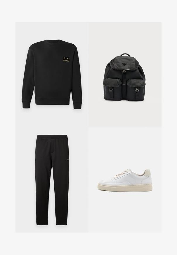 Zwarte sweatshirt met lange mouwen en ronde hals, met klein beige Armani Exchange-logo op de linkerborst.; Zwarte sportbroek gemaakt van zacht materiaal. Elastische tailleband en boorden. Voorzien van een klein logo aan de zijkant. Rechte pijp.; Witte sneaker met een gevoerd leren bovenwerk, beige veters en een gestructureerde beige suede hieltab. Verhoogde zool voor extra hoogte.; Zwarte stoffen rugzak met bovenklep, twee voorvakken met gesp en een logo-embleem op de klep tegen een effen lichte achtergrond.