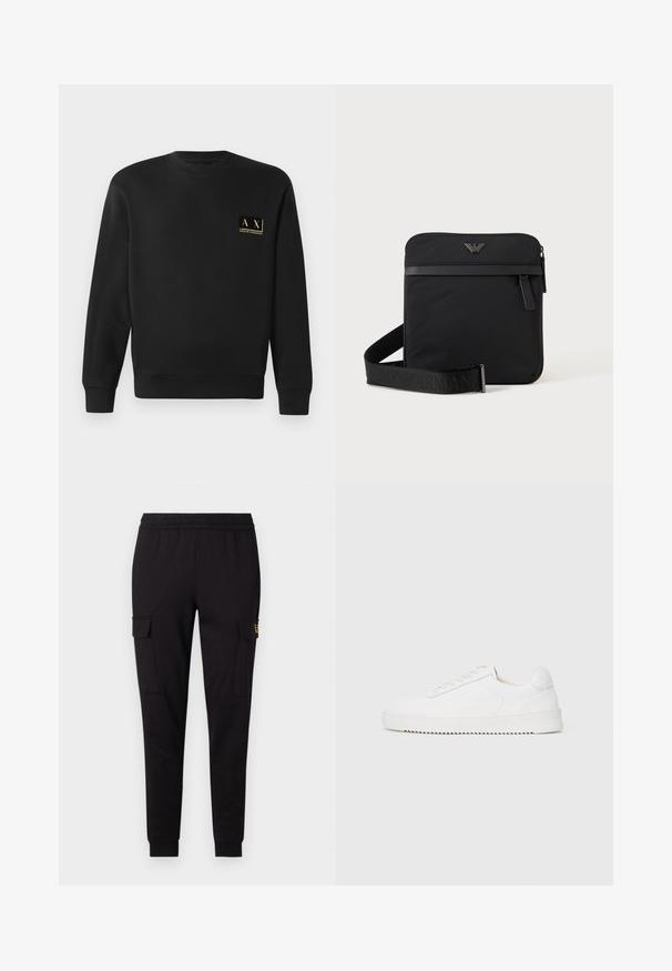 Sweatshirt noir à manches longues avec col rond et petit logo beige Armani Exchange sur la poitrine gauche.; Pantalons de jogging noirs en tissu doux, présentant une coupe fuselée et deux poches cargo latérales avec un logo discret sur une poche.; Sneaker blanc avec une tige en cuir lisse, bout rond, lacets, accents latéraux texturés et une épaisse semelle en caoutchouc. Design minimaliste.; Sac bandoulière carré noir avec fermeture éclair, poche avant et sangle réglable avec nom de marque embossé.