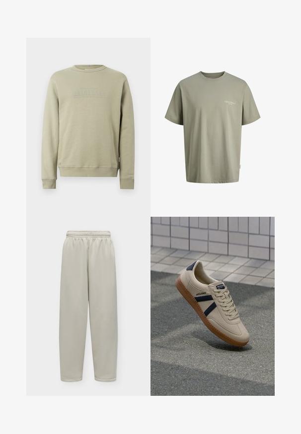 Sweat-shirt beige à manches longues et col rond, avec poignets et ourlet côtelés, présentant un texte discrètement embossé "ORIGINALS" sur la poitrine.; T-shirt vert olive clair à manches courtes et col rond avec le texte « ORIGINALS COPENHAGEN » sur la poitrine gauche.; Pantalon ample beige clair avec taille élastique et jambes droites, présenté sur un fond uni clair.; Baskets beiges avec une finition texturée, bandes navy et semelle en caoutchouc. Équipées d'une languette rembourrée et d'un système de laçage traditionnel pour un maintien sécurisé.